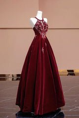 Burgundy Velvet Beaded Long Prom Dress, Elegant A-Line Evening Party Dress