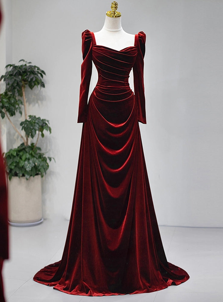 Burgundy Velvet Long Sleeve Pleats Square Neck Prom Dress