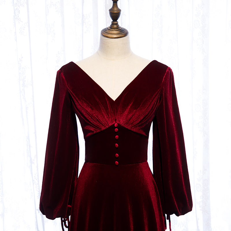 Homecoming Dresses Simples, Burgundy Velvet Long Sleeves A-line Prom Dress, Long Simple Bridesmaid Dresses