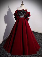 Burgundy Velvet Off the Shoulder Black Bow Prom Dress