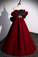 Prom Dresses Long Sleeves, Burgundy Velvet Off the Shoulder Floor Length Prom Dress