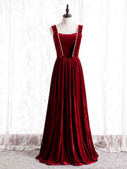 Burgundy Velvet Sleeveless Pearls Long Prom Dress