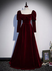 Burgundy Velvet Square Bow Long Sleeve Prom Dress