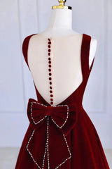 Bridesmaids Dress Styles Long, Burgundy Velvet Tea Length Prom Dress, A-Line Party Dress with Bow