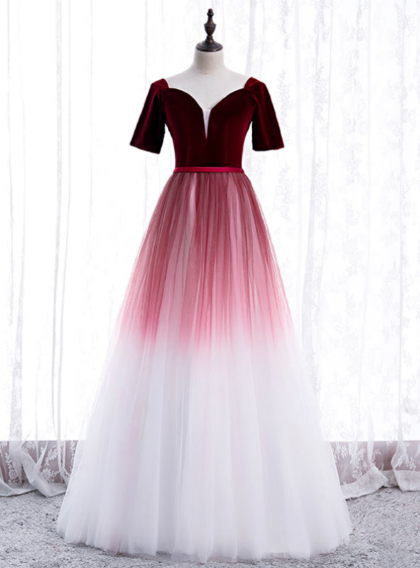 Burgundy White Tulle Velvet Short Sleeve Prom Dress