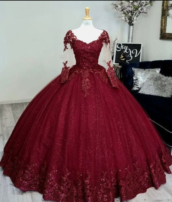 Navy Blue Dress, Glitter Long Sleeve Princess Wine Quinceanera Dresses Embellished Sweet 16 Dress