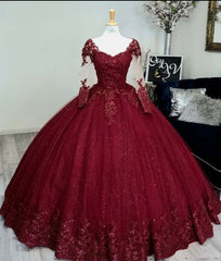 Navy Blue Dress, Glitter Long Sleeve Princess Wine Quinceanera Dresses Embellished Sweet 16 Dress