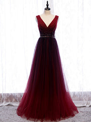 Buy Cheap Pleats Beading Burgundy V Neck Long A Line Tulle Prom Dress Under 120