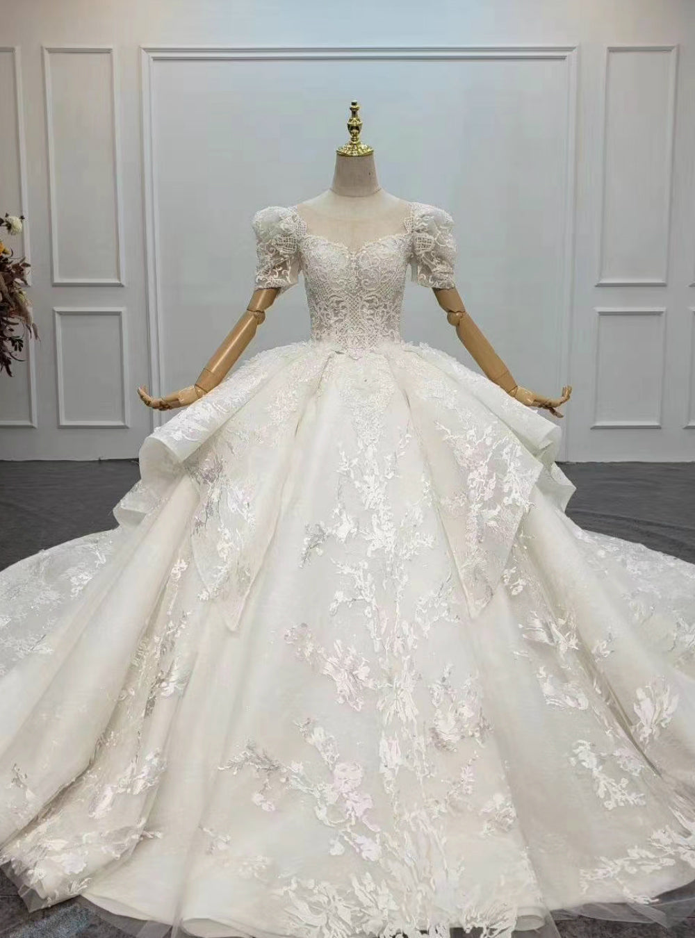 Buy More, Save More Ivory White Ball Gown Tulle Lace Short Sleeve Appliques Beading Wedding Dress