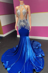 Royal Blue Halter Sleeveless Mermaid Prom Dresses With Beadings Velvet