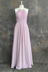 Candy Pink A-Line Halter Sleeveless Pleated Floor-Length Chiffon Bridesmaid Dresses