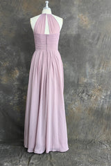 Candy Pink A-Line Halter Sleeveless Pleated Floor-Length Chiffon Bridesmaid Dresses