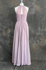 Candy Pink A-Line Halter Sleeveless Pleated Floor-Length Chiffon Bridesmaid Dresses