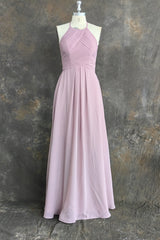 Candy Pink A-Line Halter Sleeveless Pleated Floor-Length Chiffon Bridesmaid Dresses