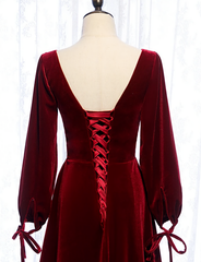 Prom Dresses 2033 Cheap, Charming Dark Red Velvet Long Sleeves A Line Party Dress, Party Prom Dress