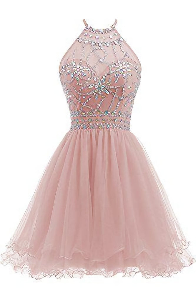 Prom Dress Ball Gown, Beaded Halter Homecoming Dress, Short Tulle Dress