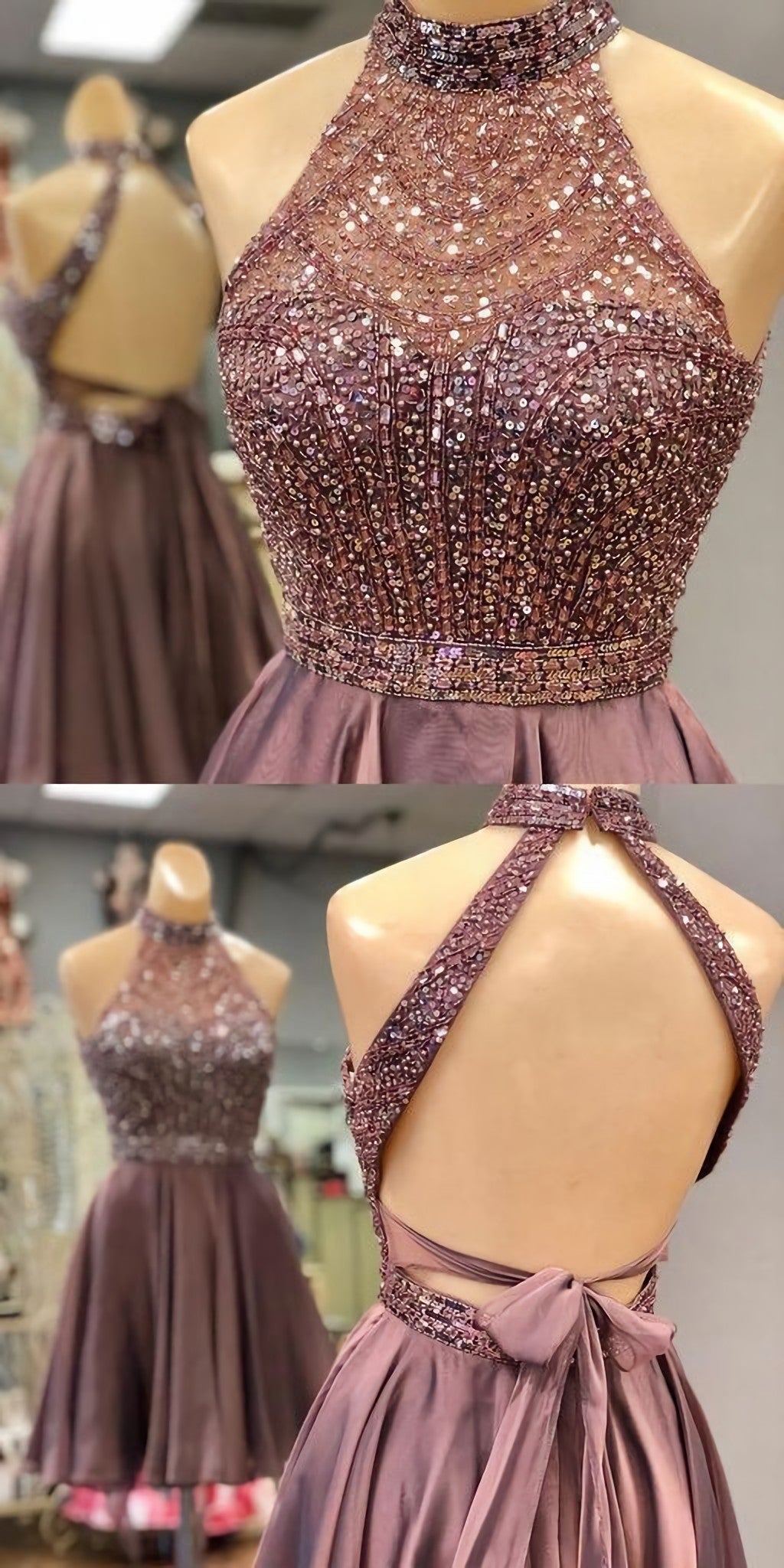 Prom Dresses Ball Gown, Halter Beaded Open Back Short Homecoming Dress 2024 Custom Made