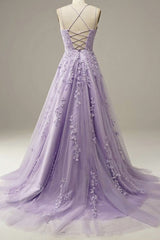 Cocktail Dress, Purple Lace Long A Line Prom Dress, Evening Dress