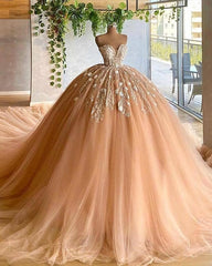 Prom Dress 2028, Applique Tulle Pleated Sweetheart Champagne Ball Gown Evening Dress