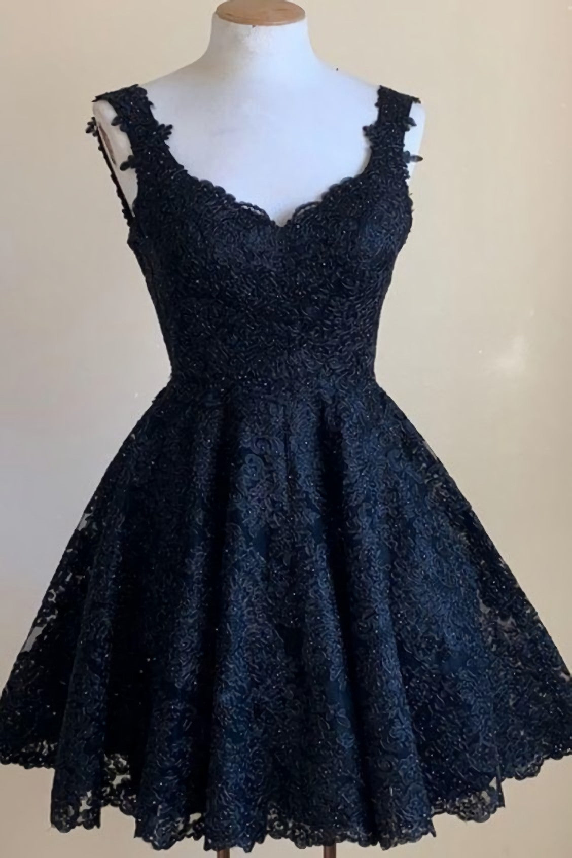 Prom Dress Short, A Line Short Navy Blue Lace Homecoming Dress