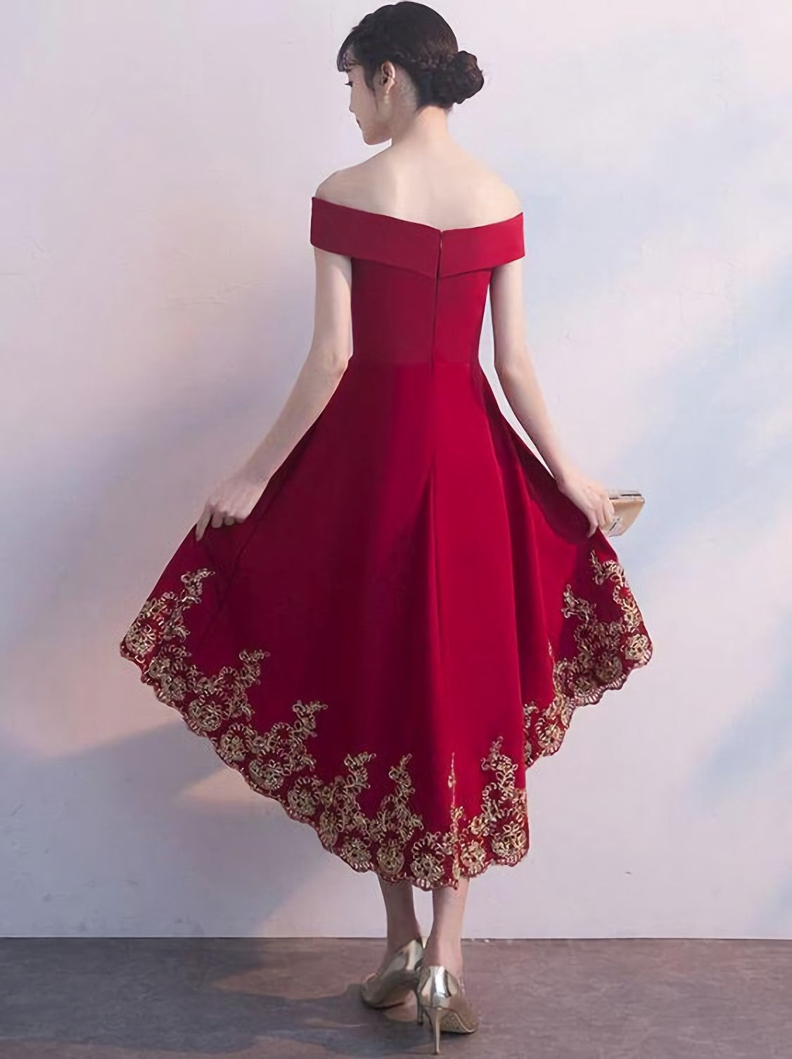 Homecomeing Dresses Bodycon, Beautiful Red High Low Party Dress, With Gold Applique Stylish Formal Dress, Cute Party Dress, Homecoming Dress