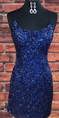 Beach Wedding Guest Dress, Sparkly Sequin Royal Blue Sheath Homecoming Dress