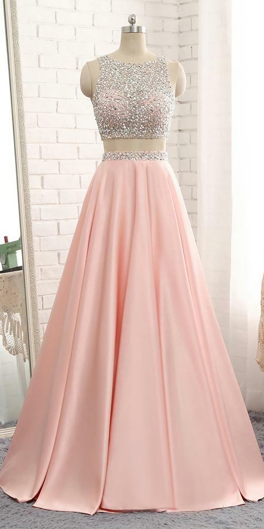 Prom Dress Long Elegant, 2 Pieces Beaded 2024  Sequins Open Back Prom Dresses, Long Two Pieces School Dance Dress