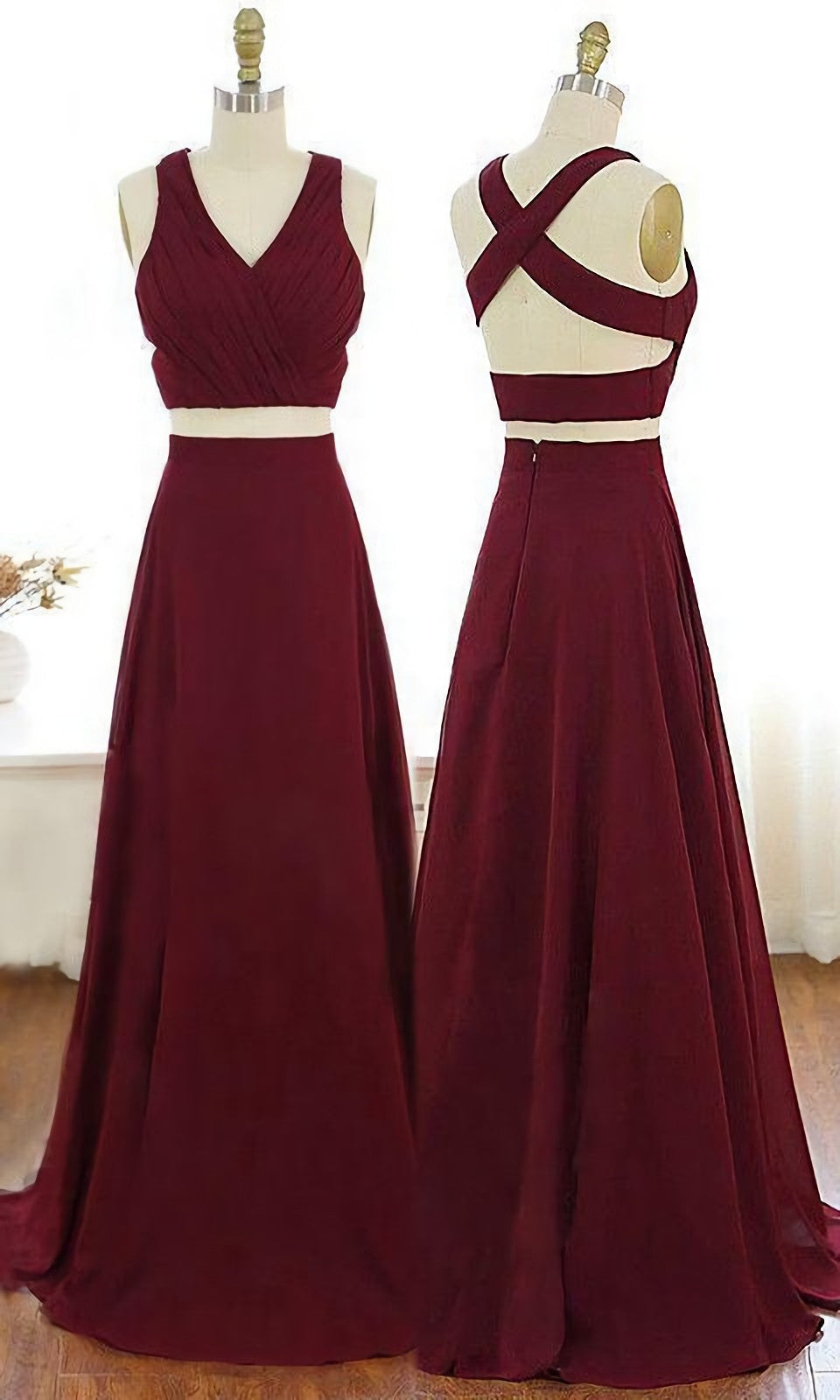 Prom Dress Size 25, V Neck Burgundy Party Dress, Criss Cross Straps Chiffon Two Piece Prom Dress