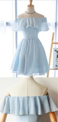 Short Black Dress, Simple Off The Shoulder Light Blue Chiffon A Line Short Homecoming Dress