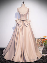 Champagne A-Line Satin Long Prom Dress, Champagne Evening Dresses