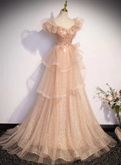 Champagne A-Line Tulle BeadedLong Prom Dress, Champagne Formal Dress