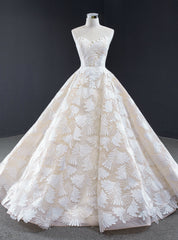 Champagne Ball Gown Tulle Flower Sweetheart Prom Dress