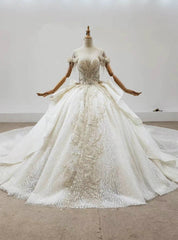 Champagne Ball Gown Tulle Sequins Short Sleeve Beading Bow Wedding Dress