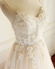 Wedding Dress For Fall Wedding, Champagne Long A-line Sweetheart Tulle Spaghetti Sweep Train Wedding Dress