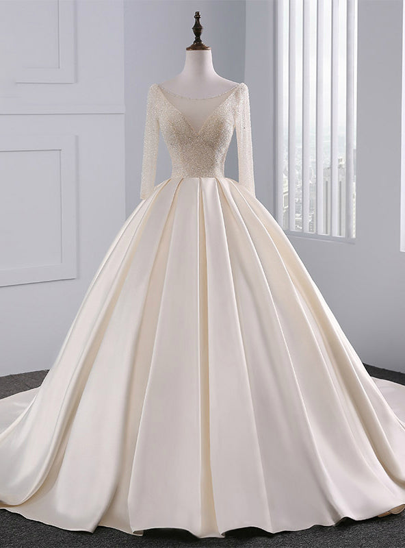 Champagne Long Sleeve Backless Satin Beading Wedding Dress