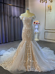 Champagne Mermaid Appliques Beading Wedding Dress