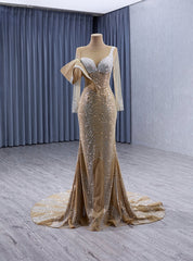 Champagne Mermaid Long Sleeve Beading Prom Dress