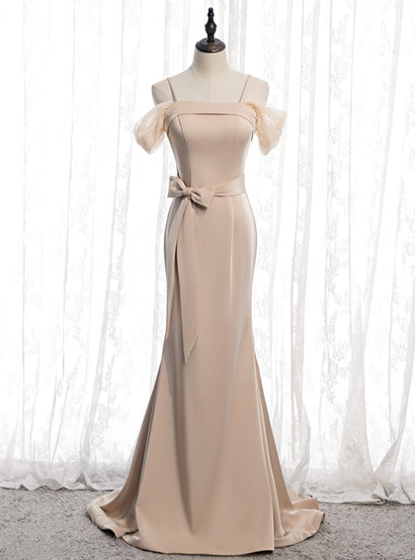 Champagne Mermaid Satin Spagehtti Straps Prom Dress With Sash