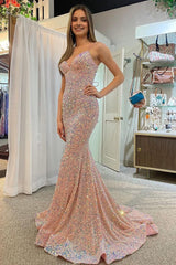 Champagne Mermaid Sequined Backless Prom Dress