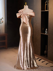 Champagne Mermaid Sequins Off the Shoulder Prom Dress