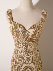 Champagne Mermaid Sequins Straps Evening Dress, Champagne Sequins Prom Dress