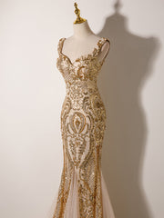 Champagne Mermaid Sequins Straps Evening Dress, Champagne Sequins Prom Dress