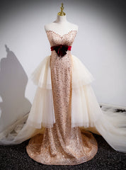 Champagne Mermaid Sequins Tulle Strapless Prom Dress