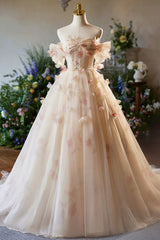 Champagne Off the Shoulder Tulle Floral Floor Length Long Prom Dresses