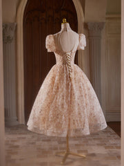 Champagne Pink Tulle Lace Tea Length Prom Dress with Beads