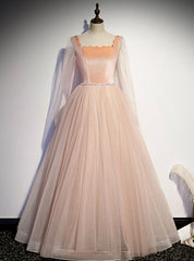 Champagne Pink Tulle Square Long Sleeve Prom Dress