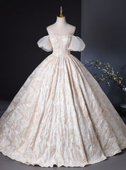 Champagne Puff Sleeve Embroidery Quinceanera Dress