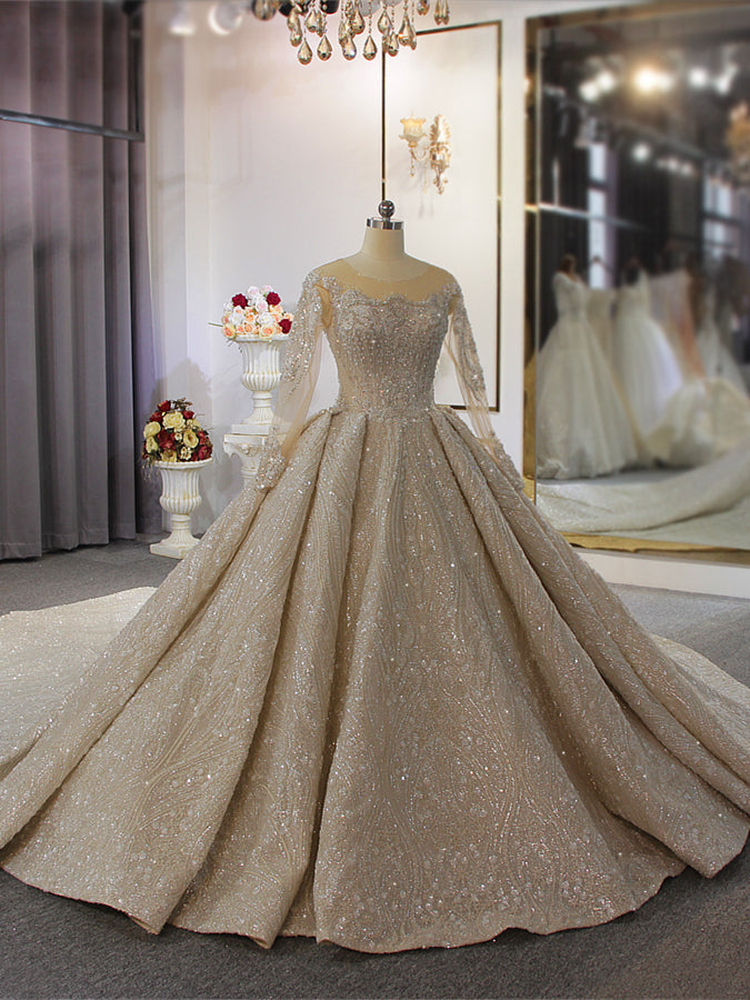 Champagne Sequins Long Sleeve Backless Wedding Dress