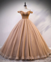 Wedding Guest Dress Summer, Champagne Sweetheart Off Shoulder Tulle Sequin Long Prom Dresses