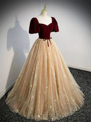 Champagne Tulle and Velvet Long Party Dress, Short Sleeves Prom Dress